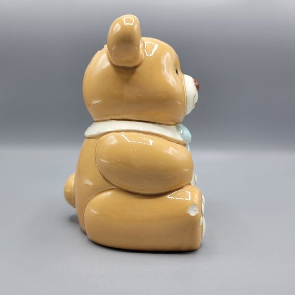 Vintage Lefton Geo Z. Teddy Bear Money Bank Light Brown Blue Bow Ceramic - Picture 6 of 13